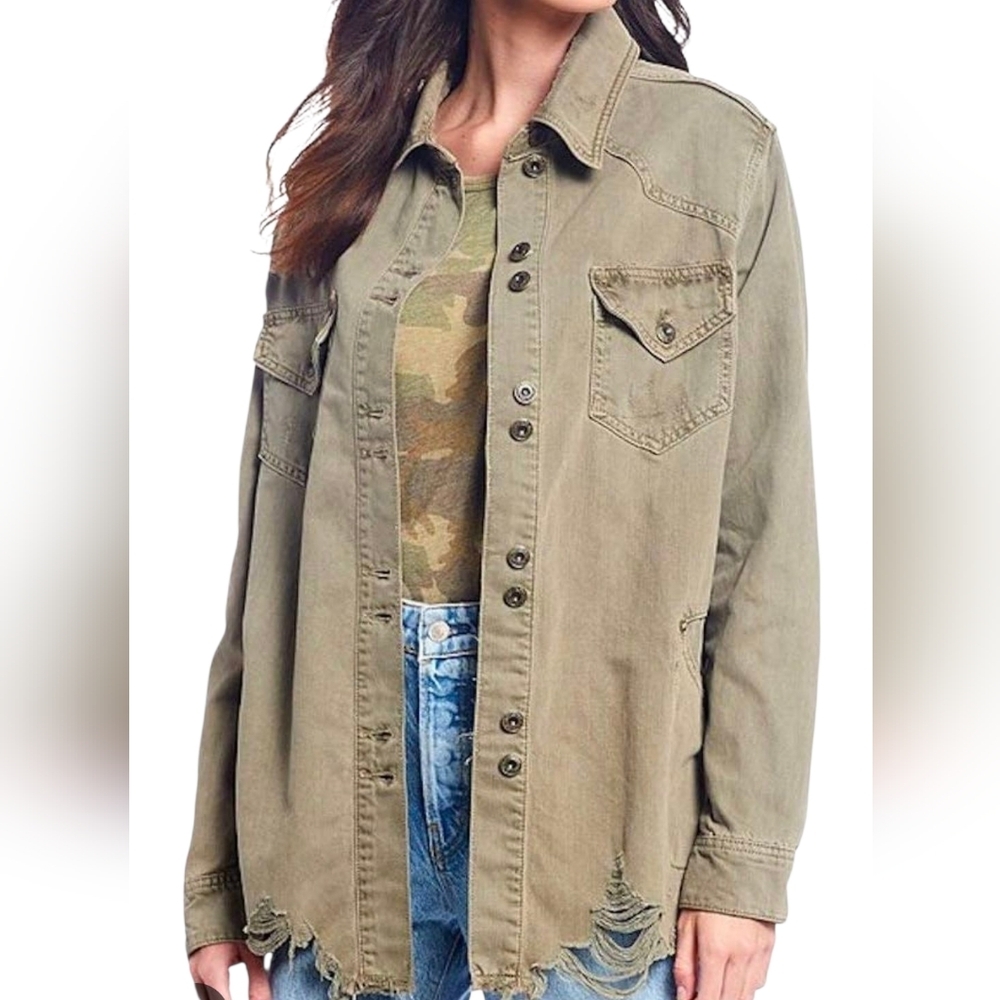 S Free People Green‎ Blazer Distressed Vintage Style
